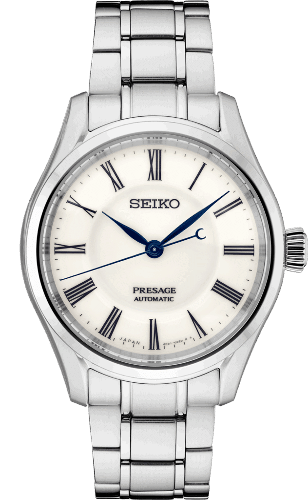 Elegant Seiko Presage automatic watch with stainless steel case, ivory dial, and blue accents.
