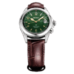 Elegant Seiko wristwatch with green sunburst dial, golden accents, and brown leather strap.