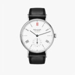 Elegant NOMOS Glashütte wristwatch with minimalist design, white dial, and black leather strap.