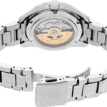 Elegant Seiko wristwatch with stainless-steel bracelet and transparent case back showcasing intricate movement.