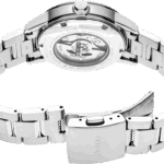 Stylish stainless steel watch with automatic movement, brushed band, and water-resistant case.