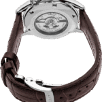 Elegant Seiko chronograph watch with stainless steel case and brown leather strap, showcasing exquisite craftsmanship.