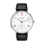 Elegant NOMOS Glashütte watch with minimalist design, stainless steel case, and black leather strap.
