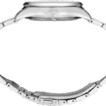Elegant silver minimalist watch with ceramic links, showcasing refined craftsmanship and timeless style.