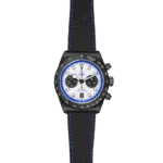Tudor chronograph watch featuring a black ceramic case, white dial, and blue accents.