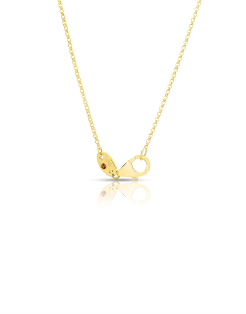 Elegant gold necklace with small links and a decorative red stone clasp, perfect for any occasion.