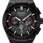 Sleek Seiko Astron GPS solar watch with black stainless steel, luminous dial, and sporty sub-dials.