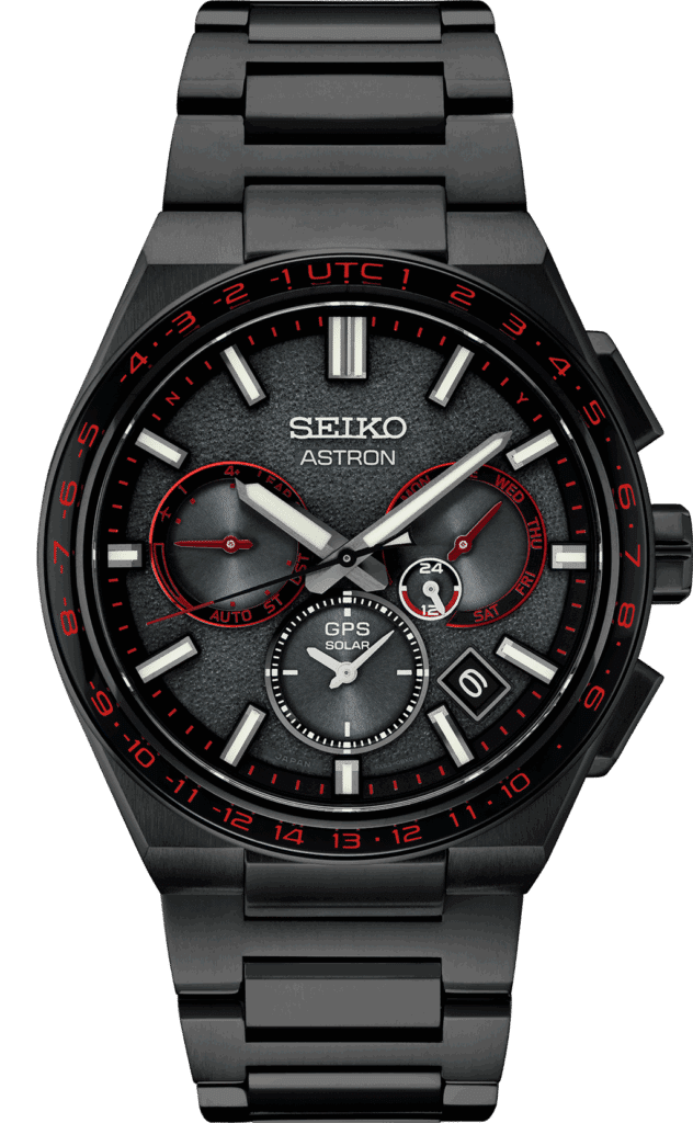 Sleek Seiko Astron GPS solar watch with black stainless steel, luminous dial, and sporty sub-dials.