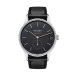 Elegant NOMOS Glashütte watch with black dial, gold hands, and black leather strap.