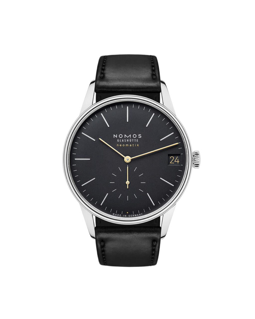 Elegant NOMOS Glashütte watch with black dial, gold hands, and black leather strap.