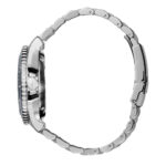 Elegant stainless steel wristwatch with dark dial, polished finish, and interlocking link band.