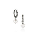 Elegant silver hoop earrings with pearls, featuring a contemporary design and timeless charm.