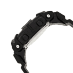 Robust black wristwatch with sporty design, ideal for outdoor activities and athletic use.