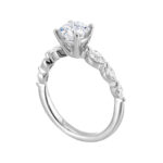 Stunning engagement ring featuring a round-cut diamond with marquise side stones in a twist band.