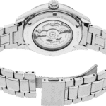 Seiko automatic watch featuring stainless steel case, transparent back, and intricate mechanics.