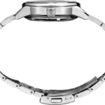 Elegant stainless steel wristwatch with a polished finish and interlocking bracelet links.