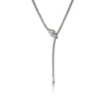 Elegant silver necklace with braided chain and leaf clasp featuring sparkling blue gemstones.