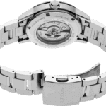 Stylish Seiko stainless steel watch with a polished finish and transparent case back.
