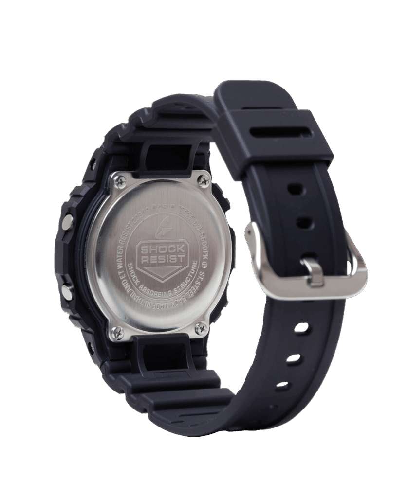 Durable rugged watch with shock-resistant design, black rubber strap, and polished metal back.