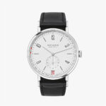 Elegant NOMOS Glashütte wristwatch with minimalist design, stainless steel case, and black leather strap.