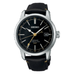 Elegant Seiko Presage GMT watch with black dial, gold hands, and brown leather strap.