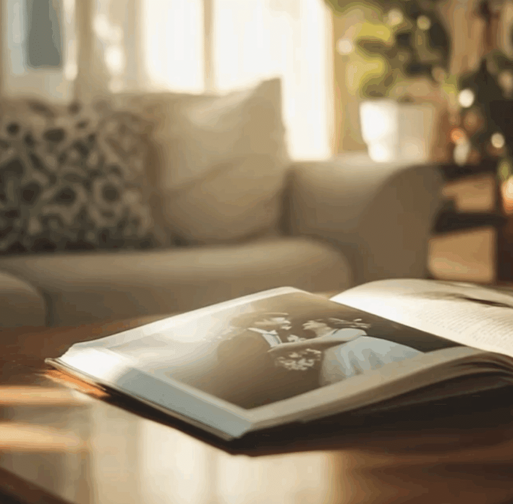 Cozy living room with a photo album showcasing love and memories in a warm atmosphere.