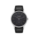Elegant NOMOS Glashütte watch with black dial, luminous markers, and stainless steel case.