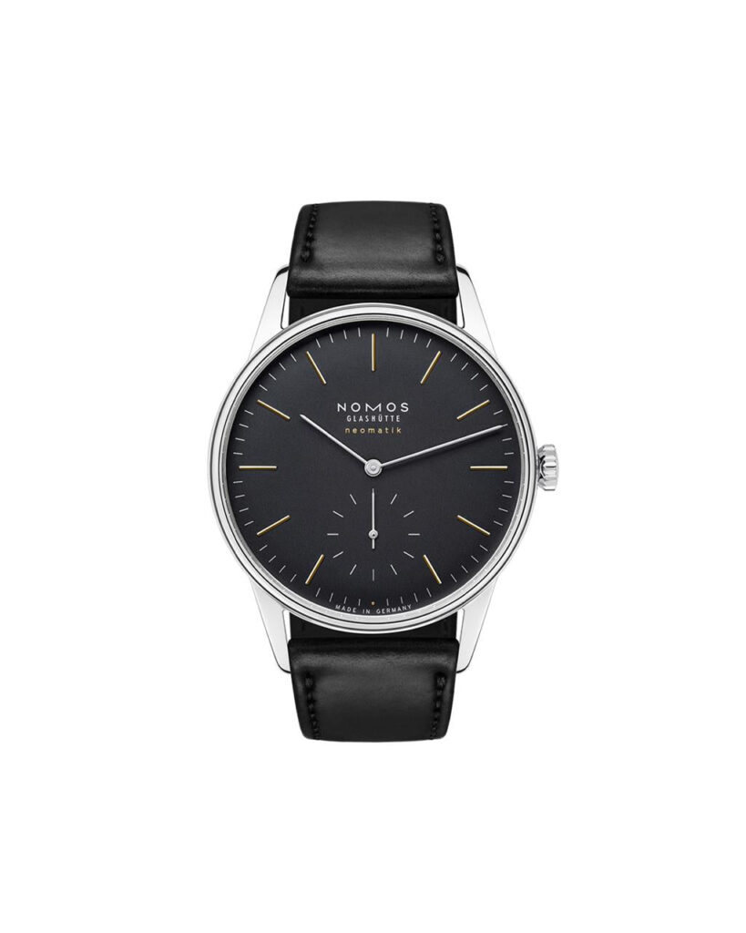Elegant NOMOS Glashütte watch with black dial, luminous markers, and stainless steel case.