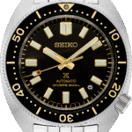 Seiko automatic divers watch with stainless steel case, black dial, and 200m water resistance.