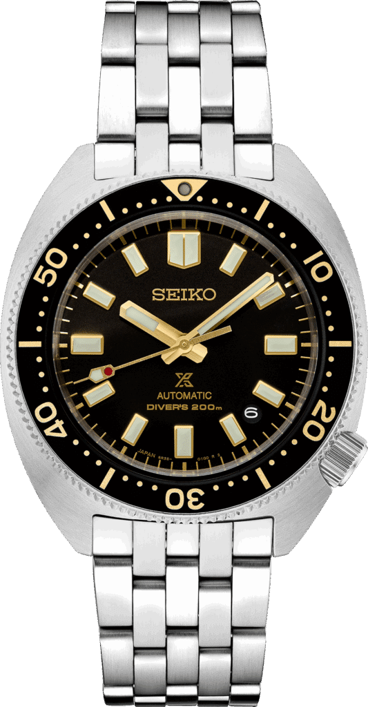Seiko automatic divers watch with stainless steel case, black dial, and 200m water resistance.