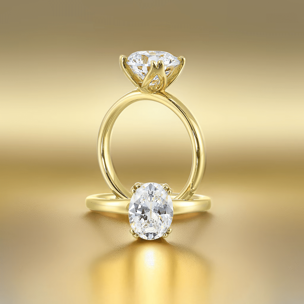 Elegant yellow gold engagement and wedding rings featuring stunning diamonds on a luxurious backdrop.