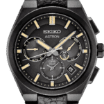 Seiko Astron watch with black dial, GPS technology, and elegant leather strap.