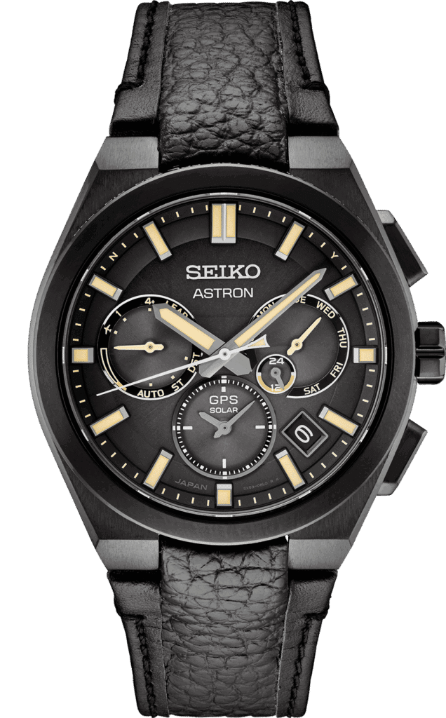 Seiko Astron watch with black dial, GPS technology, and elegant leather strap.