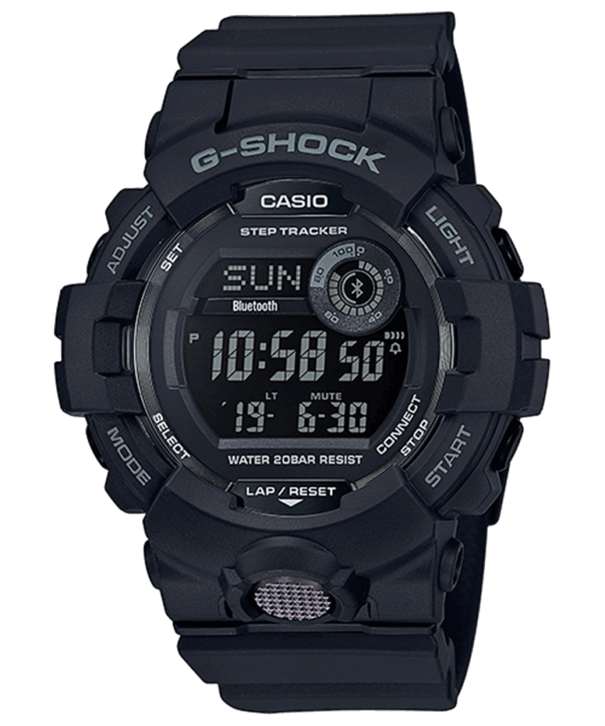 Casio G-Shock watch with digital display, rugged design, Bluetooth connectivity, and 200m water resistance.