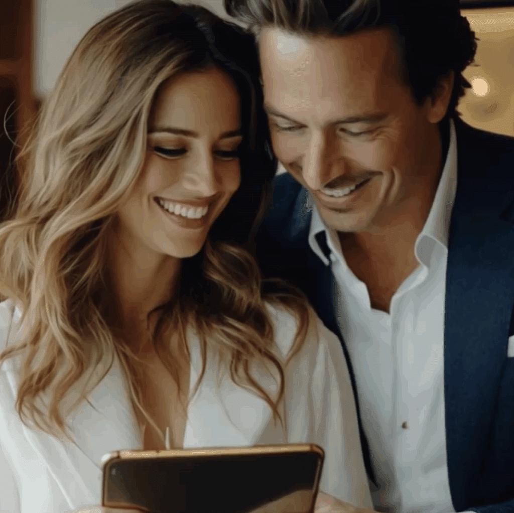 Joyful couple enjoying a tablet together in a warm, stylish setting, sharing laughter.