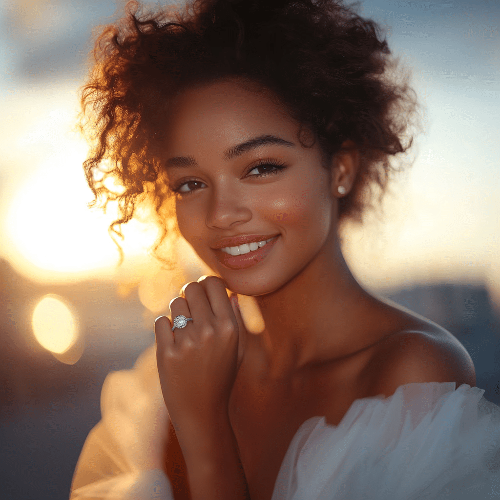 Young woman smiling joyfully at sunset, showcasing beauty, confidence, and radiant warmth.