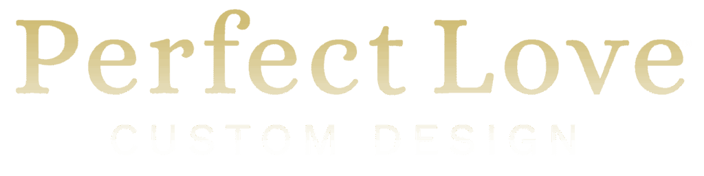 Elegant Perfect Love logo design with gold text and custom design details on a green background.
