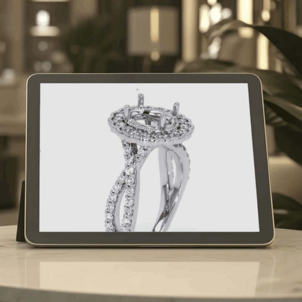 Elegant diamond ring displayed on a modern tablet, showcasing exquisite craftsmanship and luxury design.