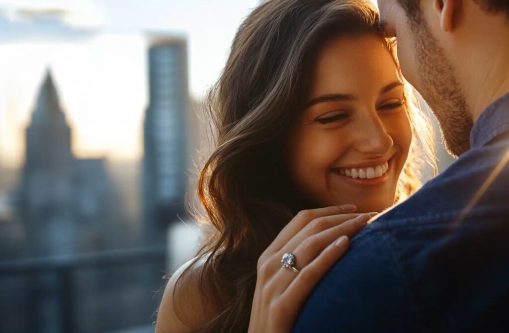 Engaged couple sharing a joyful moment during golden hour with a sparkling ring and city skyline.