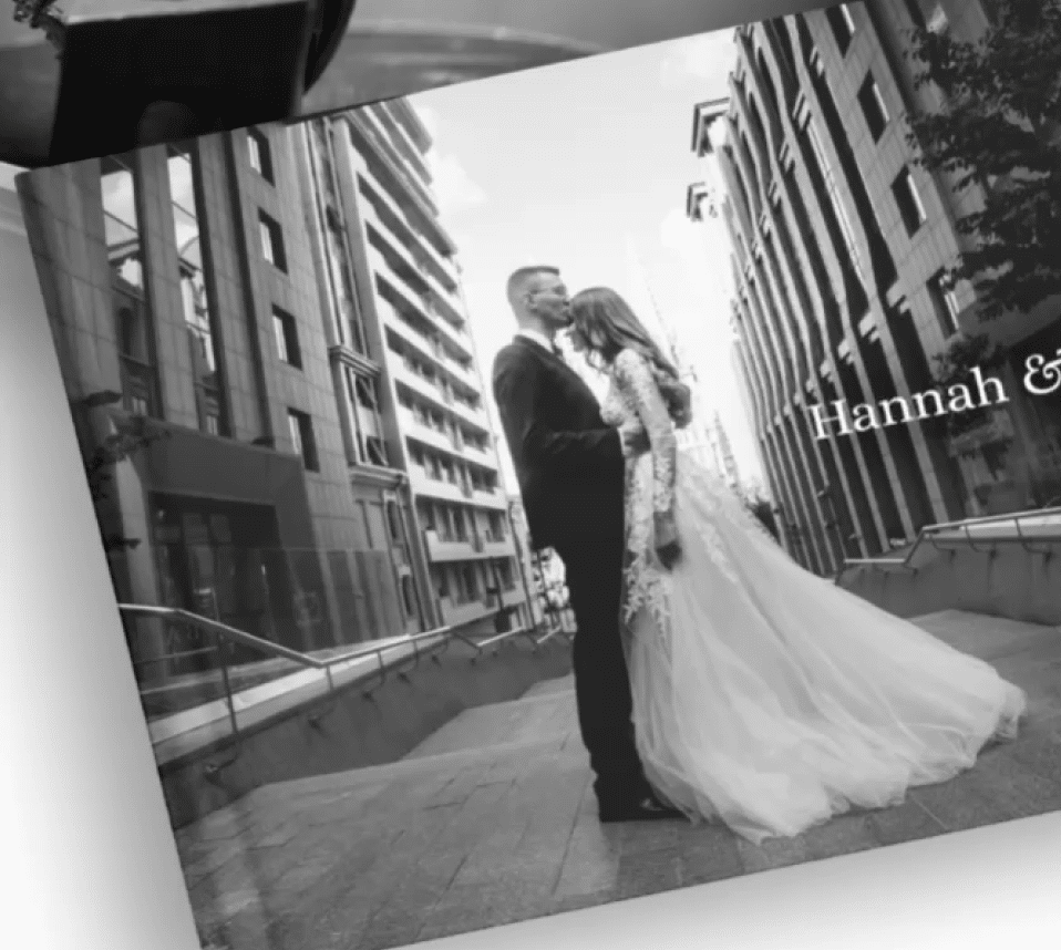 Romantic black and white wedding moment of Hannah and her groom in an urban setting.