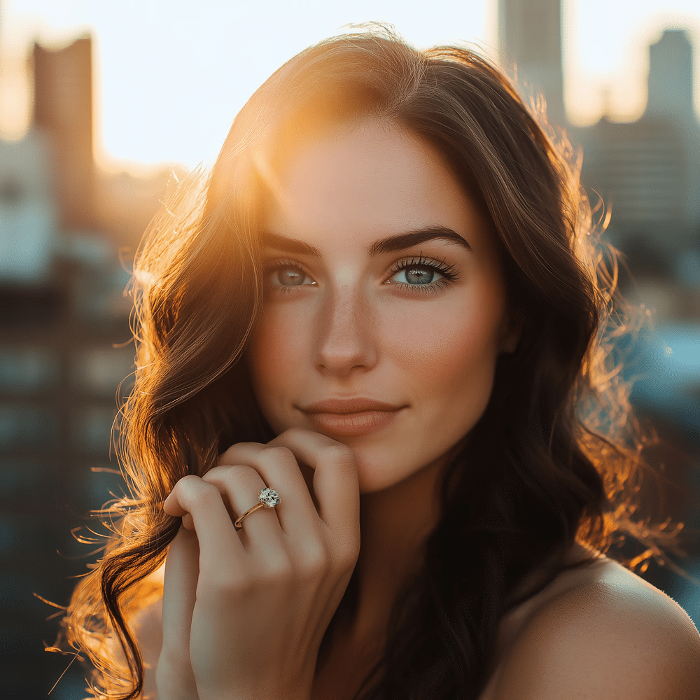Young woman with blue eyes in sunset portrait, showcasing natural beauty and elegance.