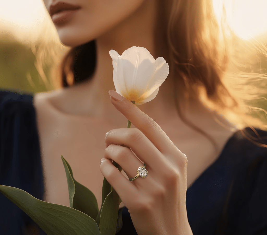 A young woman holds a delicate tulip and wears a stunning engagement ring in sunlight.