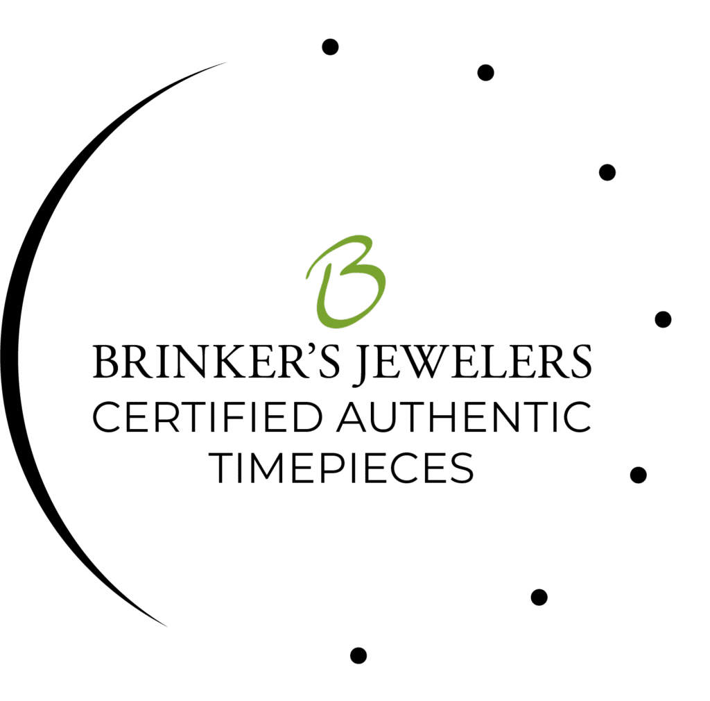 Brinker’s Jewelers logo featuring certified authentic timepieces in green, black, and white design.
