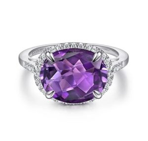 14K White Gold Oval Amethyst and Diamond Halo Ring