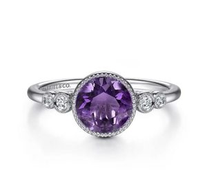 14K White Gold Round Bezel Set Amethyst and Diamond Ring