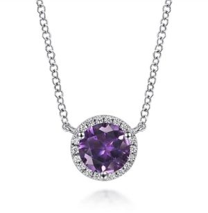 14K White Gold Round Amethyst and Diamond Halo Pendant Necklace