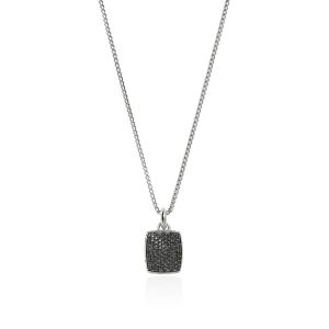 Elegant silver necklace with a modern square pendant adorned with shimmering black stones.