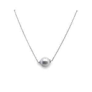 Elegant pearl necklace on a silver chain, perfect for both casual and formal occasions.