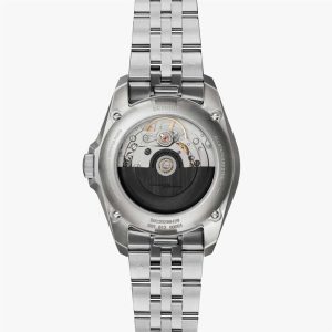 Elegant stainless steel wristwatch showcasing intricate mechanical movement and craftsmanship details.