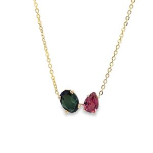 Elegant gold necklace with vibrant green and pink gemstones, perfect for any occasion.